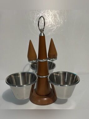 MCM Stako Sweden Teak Stainless Steel Spinning Condiment Caddy Salt & Pepper
